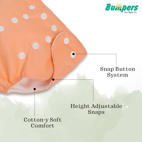 Image of Bumpers Baby Reusable Cloth Diaper with Insert Pad | Leak-Proof, Super Absorbent & Ultra Soft | Adjustable & Washable Cloth Diaper | Prevent Rashes | Freesize 5-17Kg | (3M-3Y), Pack of 5, Orange
