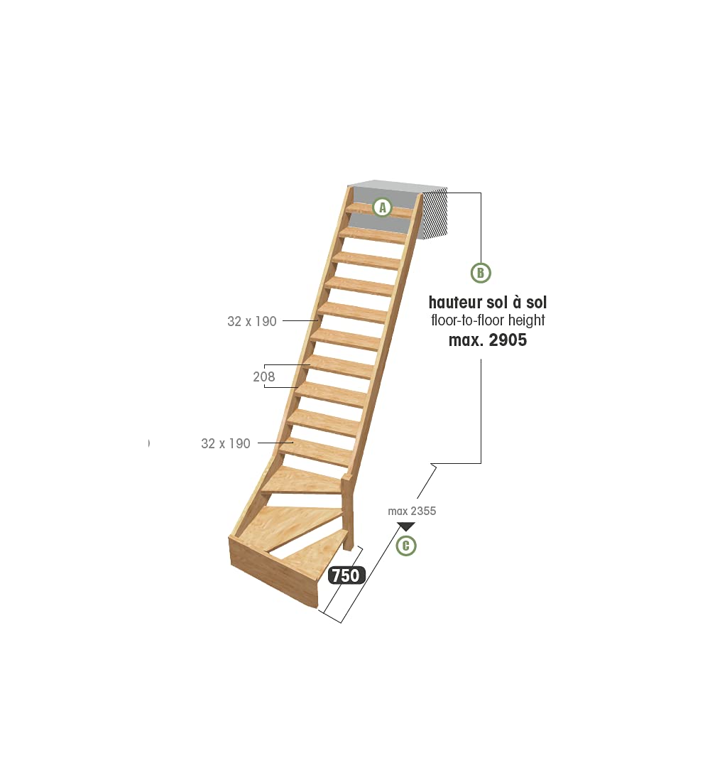 Escalier de meunier 1/4 tournant droit en sapin NORMANDIE
