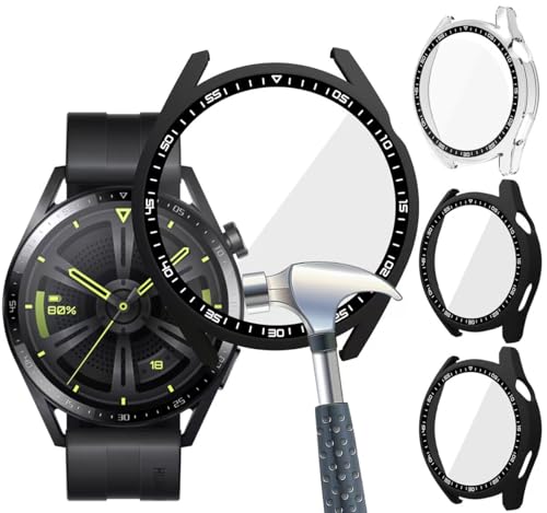 Acadeny Custodia [3 pezzi] con pellicola protettiva in vetro temperato, compatibile con Huawei Watch GT3 46 mm,durezza 9H a 360°, custodia protettiva ultra sottile,con scala, 2 nero+Transparent