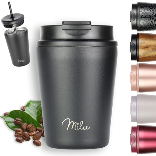 Milu Termo Cafe 300ml, 400ml, 500ml - Vaso Termico Antigoteo, Taza Termica acero inox sin BPA, Vaso Insulated Mug para llevar (Black, 300ml)