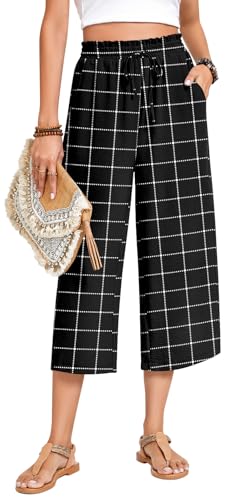 Image of Anyhold Women's Capri Pants Drawstring Casual Palazzo Trousers with Pockets Loose High Waisted Wide Leg Lounge Pants