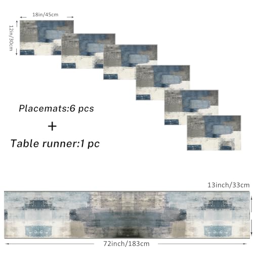 Emvency Farmhouse Table Runner and Placemats Set of 6, Cotton-Linen Abstract Blue and Grey Painting Art Dining Table Decor for Daily Use(1 Table Runner 72 inches Long and 6 Placemats) by Emvency - Used condition - Image 2