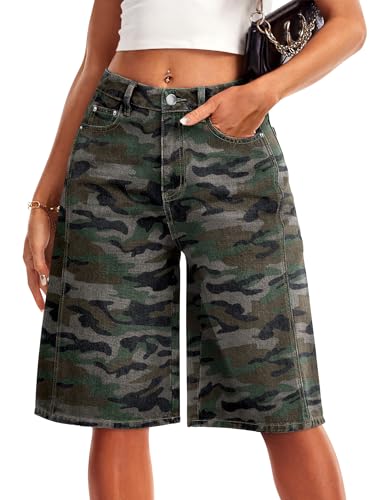 IVIR Camo Shorts Women Jorts Bermuda High Waisted Denim Long Knee Length Wide Leg Casual Summer Camo L