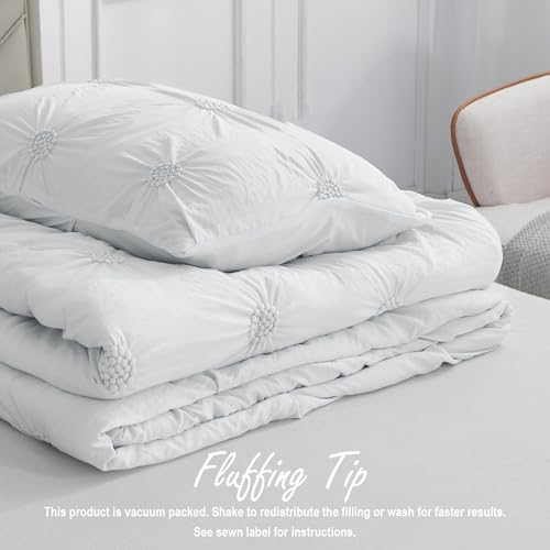 Image of Swift Home Full /Queen White Comforter Set - Ruched 3D Floral Pintuck Bedding Set - 3 Pieces Bed Linen, 1 Comforter and 2 Pillow Shams