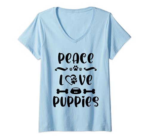 Mujer Peace Love Puppies Shirt,Peace Love Dogs Paw Print Dog Lover Camiseta Cuello V
