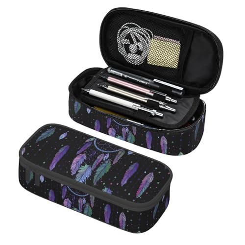Image of Dreamcatcher With Colorful Vibrant Feathers Large Pencil Case, Pencil Pouch With Zipper Compartments Stationery Pencil Bag For Kids Teens Students School Supplies