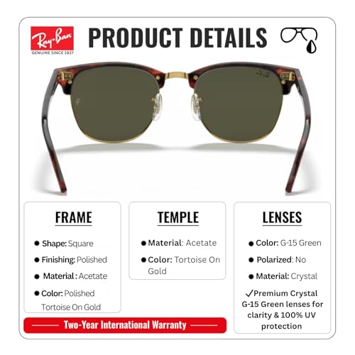 Image of Ray-Ban RB3016 CLUBMASTER CLASSIC Square Shaped Sunglasses for Men & Women with Official RAYBAN Eyewear Kit