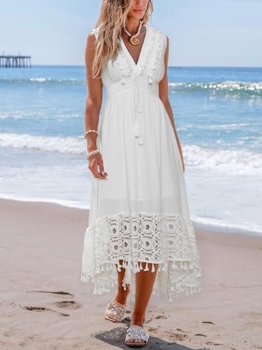 Image of CUPSHE Women's Maxi Dress V Neck Sleeveless Lace Tassel Smocked Waist Cover Up Beach Formal Long Dress