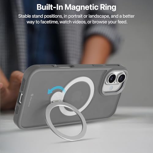 Image of eller sante Maximus Back Cover Case for iPhone 16 Plus with Magnetic Ring Metal Kickstand Camera Screen Protector TPU Shockproof 10ft Drop Protection Compatible with Mag-Safe- Grey