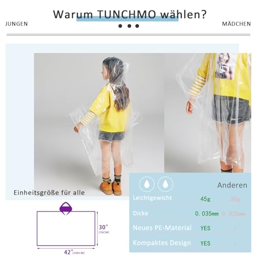 TUNCHMO 6 Stück Durchsichtig Regenponchos Familien-Set für Damen Herren und Kinder - Wasserdichter Regenschutz, 50% Extra dicke Regencape mit Kapuze，Leichtgewichtiger Transparenter
