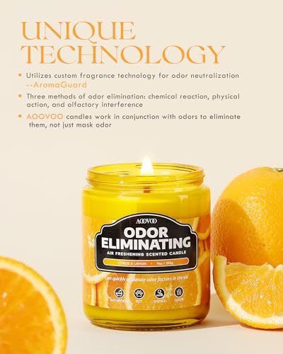 Image of AOOVOO Citrus & Lemon 2 Pack Odor Eliminating Highly Fragranced Candle - Eliminates 95% of Pet, Smoke, Food and Other Smells Quickly, Non Toxic Air Freshing Soy Candle, 18 oz Up to 100 Hours Burn time