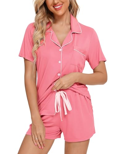 Image of Pjmlifecoco Women's Modal Pajama Set Short Sleeve Button Down Two Piece Soft Sleepwear with Shorts Loungewear S-XXL