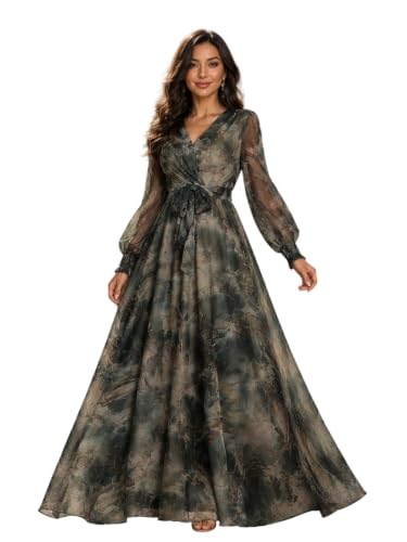 Image of LITZO Women's One Piece Dress - Georgette Floral Printed Western Gown | Long Sleeve V Neck Fit & Flare Flared Hem Design | A-Line Maxi Dress for Women | New Year Party Outfit (NO-08-10)