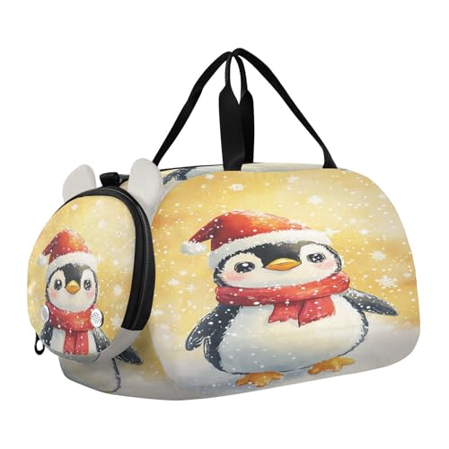 Penguin Snowflake Golden Kids Travel Duffel Bag for Boys Girls Overnight Weekend Tote Bag with Shoes Compartment for Trip Beach Gym