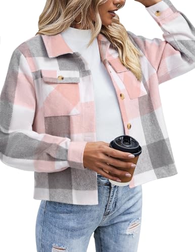 Zeagoo Oversized Flannels for Women Cropped Plaid Jacket Button Down Long Sleeve Fashion Cozy Shacket Coat