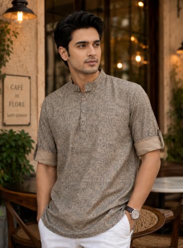 Image of Majestic Man Men's Cotton Regular Fit Short Printed Designer Kurta