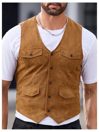 GORGLITTER Men's Western Cowboy Vest Sleeveless V Neck Single Breasted Casual Waistcoats Vests4