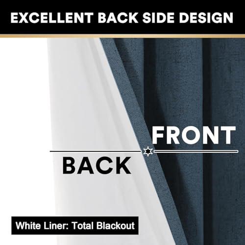 Image of PrinceDeco Navy Blue 100% Blackout Linen Curtains 90 Inch Long, Thick Faux Linen Fabric Room Darkening Curtains & Drapes for Bedroom /Living Room Thermal Insulated with White Liner,52 x 90 Inch