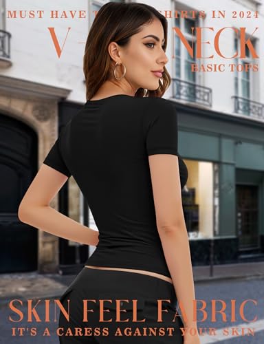 Basic Womens V Neck Short Sleeve T Shirt Slim Fit Tees 2025 Summer Y2k Going Out Fitted Tops Sexy Tight Shirts2