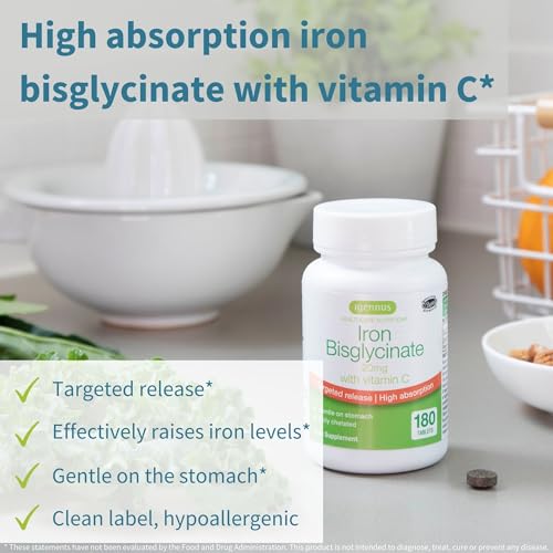 Igennus High Absorption Chelated Iron Bisglycinate 20mg with Vitamin C, 6 Month Supply, Iron, Gentle Formula, Clean Label & Targeted Release, for Women and Men, One Daily, Vegan, 180 Tablets