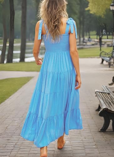 Image of kinstell Women's Summer Boho Spaghetti Strap Square Neck Ruffle Casual Flowy Long Dress Beach Swing Party Maxi Dress