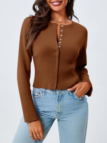 Image of Saodimallsu Womens Cropped Sweaters Cardigan | Button Down,Long Sleeve,V Neck,Ribbed Knit,Slim Fit ,Pullover Crop Tops