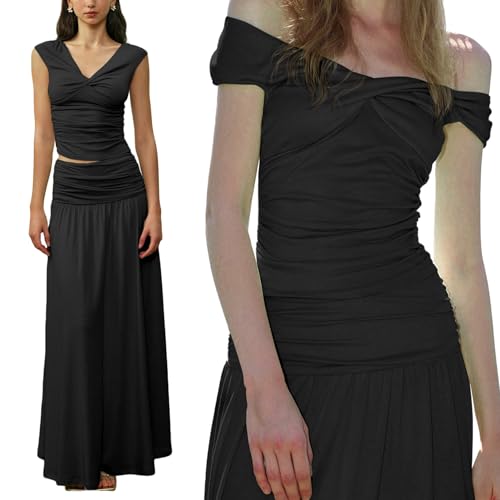 Image of Two Piece Skirt Set for Women - Sexy Sleeveless Spaghetti Strap Pleated Tank Top Maxi Long Skirts Sets