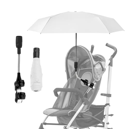 Lvjkes Sombrilla carro bebe, Dirección Libre, Abrazadera Universal Ajustable y Extraíble, Protección UV UPF 50+, Resistente a la Lluvia, protección Solar, diámetro 90 cm, con Paragüero, Asa (Blanco)
