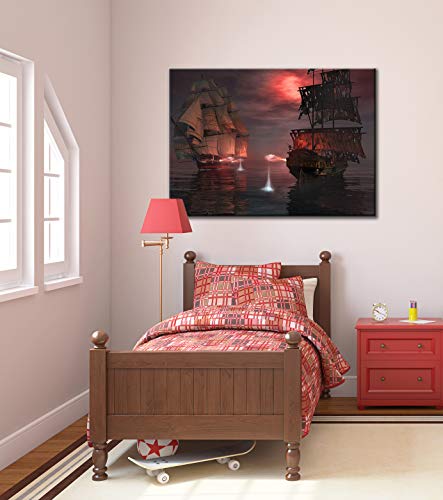 Pirate Ship Decor Wall Art Viking Sailboat In The Sea Canvas Prints Caribbean Ghost Ferry Huge Canvas Art Home Bedroom Bathroom Seascape Pictures Large Pirate Wall Decor 30"X40" Framed Ready To Hang #TOP3