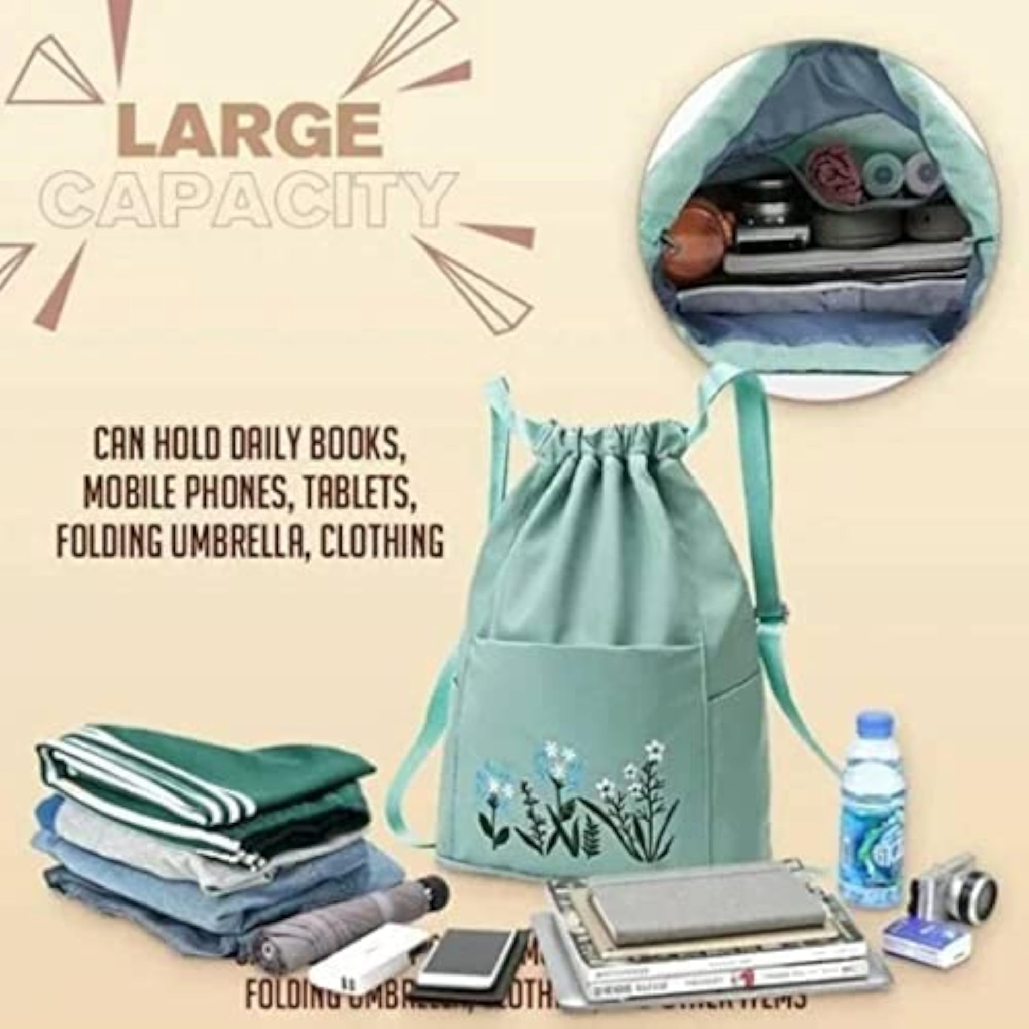 Foldable Waterproof Flower Print Drawstring Backpack