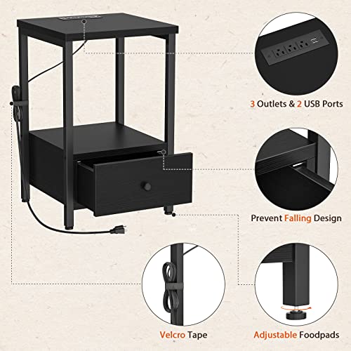 Black Nightstands Set Of 2 With Charging Station, Modern Night Stand Bedside Table With Storage Drawer And Shelf, End Side Table With Usb Ports & Power Outlets For Bedroom Living Room, Black #TOP4