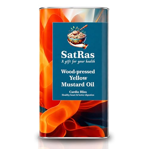 Image of SatRas Wood Pressed Yellow Mustard Oil 5 Ltr | Cold Pressed Kachi Ghani Sarso Oil | Wooden Kolhu Extracted Sarson Tel | Rich in Omega 3, 6 & Vitamin E, Unrefined, Chemical Free, Pure Indian Edible Oil
