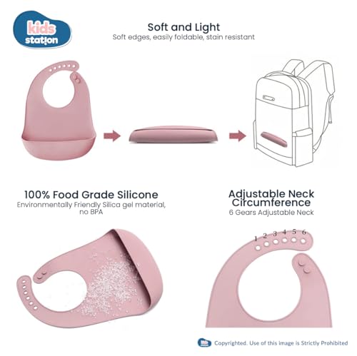 Image of Kids Station 2 Piece BPA-Free Silicone Baby Feeding Set - Bowl - Spoon - Happy Mealtime - Tableware Meal Utensils for Kids with Suction - Baby Feeding Product (Set of 3, Light Pink)