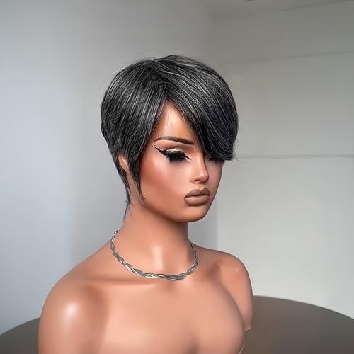 SAEIALL Salt and Pepper Pixie Cut Wig for Women Human Hair Full Machine Made Short Haircut Wig for Daily Use Grey Color Side Bangs Glueless Wigs Throw On and Go Wig