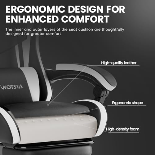 Image of Ergonomic Gaming & Office Chair, Footrest, Racing Design Black /White | PVC with headrest,lumbar, Adjustable Height recliner for adults 2D-Linkage Armrests for 300LBS