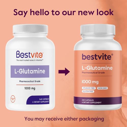 BESTVITE L-Glutamine 1000mg per Capsule (240 Capsules) - Free Form - No Stearates - No Fillers - Gluten Free - Non GMO