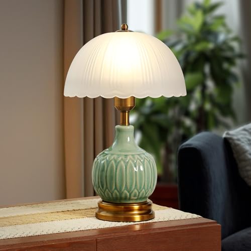 Ceramic Table lamp, Modern Bedside Lamps Green Mid Century Vintage 3 Color Adjustable Desk Lamp Glass Mushroom Traditional Lamp with LED Bulbs for Nightstand Living Room Bedroom Home (S03GN-1PACK)