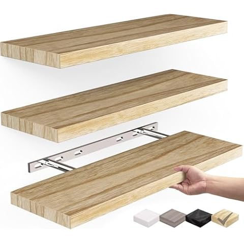 Floating Shelves for Wall, Wall Mounted Rustic Wood Shelves for Bathroom, Bedroom, Living Room, Kitchen, Hanging Shelf for Books/Storage/Room Decor with 22lbs Capacity (Natural Wood, Set of 3, 15.7in) Cover