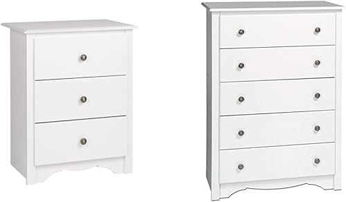 Prepac Monterey - Mesita de noche alta, 3 cajones, color blanco y Monterey con 5 cajones para dormitorio, 16 pulgadas de profundidad x 31.5 pulgadas