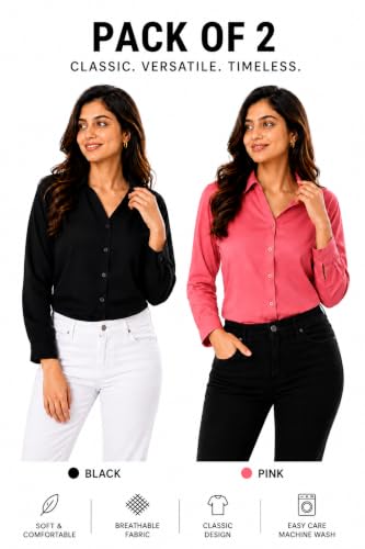 Image of FUNDAY FASHION Women Solid Regular Fit V Collered Casual Shirt (Pack of 2)