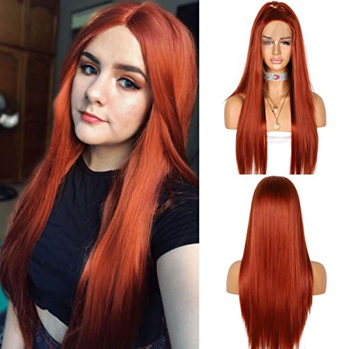 Wigoddess Dark Orange Lace Front Wig, Naturally Straight Hair Daily Makeup Party Wig Heat Resistant Hair 22 inch Burnt Orange Long Synthetic Lace Front Wig For Women
