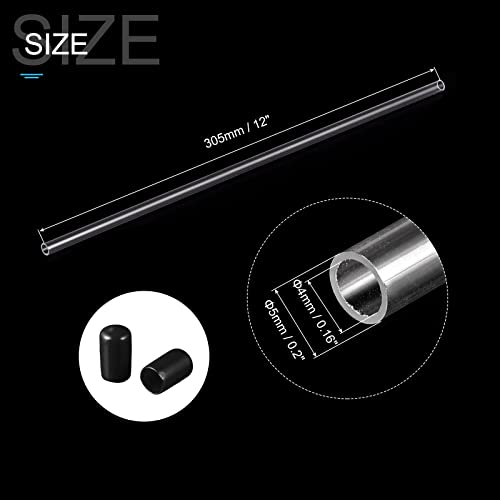 Image of PATIKIL Clear Rigid Tube Round Plastic Tubing with Black Rubber Caps Polycarbonate Water Pipe, 305mm / 12 Inch Length, 4mmx5mm /0.16 inchx0.2 inch, 1 Set