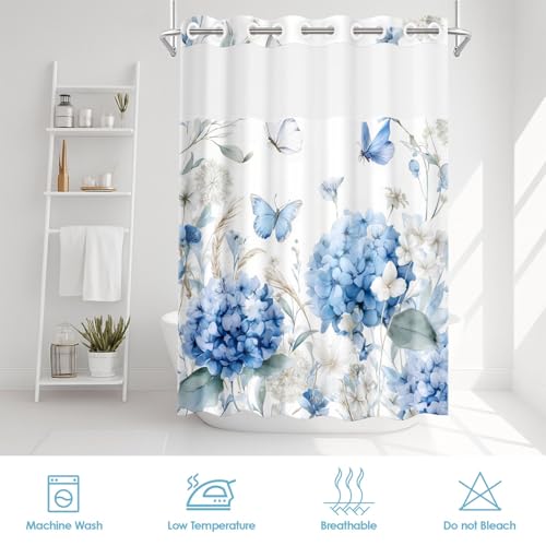 Nesphy No Hook White Floral Butterfly Shower Curtain with Snap in Fabric Liner Set, Blue Flower Hydrangea Double Layers Waterproof Fabric with See Through Window Bath Curtain 71x74 Inch by Nesphy - Used condition - Image 6