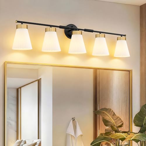 Image of Bathroom Wall Sconces, HWH 5-Light Wall Mount Lighting Fixtures for Mirror, Modern Vanity Lights with Frosted Milk White Striped Glass, Black and Gold Finish, 5HZG97B-5W BK+BG