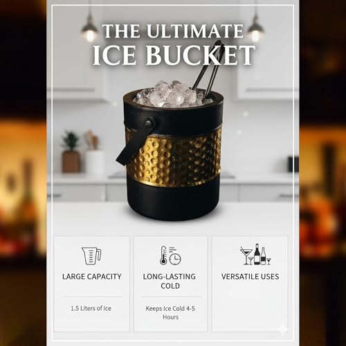 Image of FINALITY Stainless Steel Double Walled Insulated Ice Bucket with Lid with Tong and V Peg Measure, 1.5 Liter| (Black with Gold Hammered IB+Tong+Peg Measure)