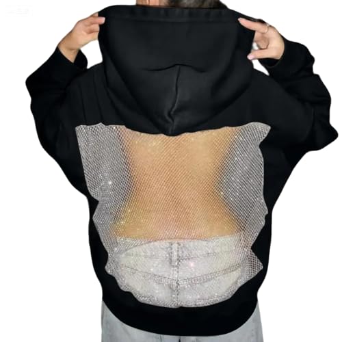 OAZKXCN Hoodie Hollow Mesh Back Women'S Sweatshirts Pullover Casual Long Sleeve Crystal Mesh Back Hoodie With Pocket Black XL