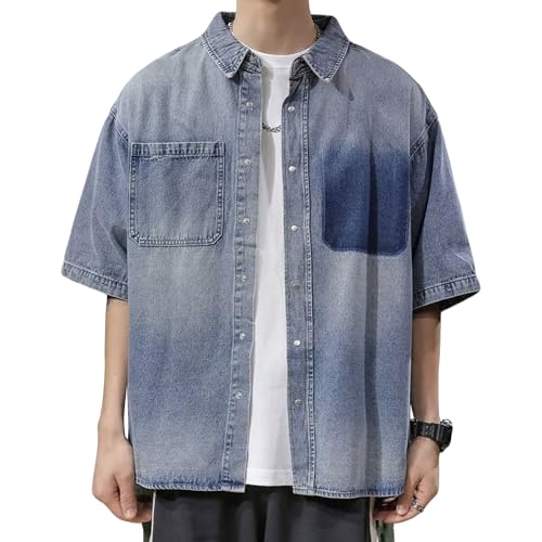 Chemise courte en jean pour homme avec poche à rabat boutonnée