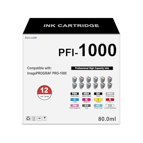 PRO1000 PFI1000 Ink Cartridge High Yield Replacement for Canon PFI-1000 Ink Cartridges Compatible with Canon imagePROGRAF PRO-1000 Printer.MBK PBK C M Y R GY B PGY PC PM CO-12PK