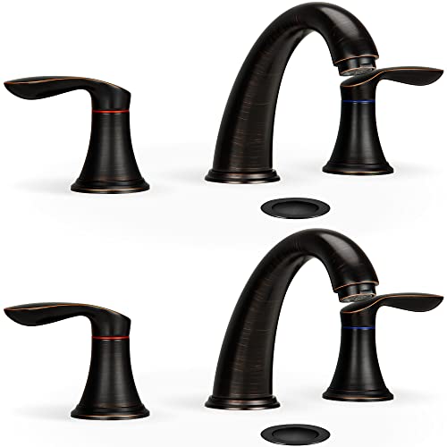 Bathroom Sink Faucet, Faucet for Bathroom Sink, Widespread ORB Bathroom Faucet 3 Hole with Stainless Steel Pop Up Drain and cUPC Lead-Free Hose-(Oil Rubbed Bronze 2 Packs)