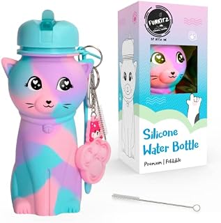 Kids Water Bottle for Girls - BPA FREE, Roll-up, Soft Silicone, Drop Resistant - Rainbow Water Bottle - Cat Shaped - Back to School Gifts for Girls - 500ml